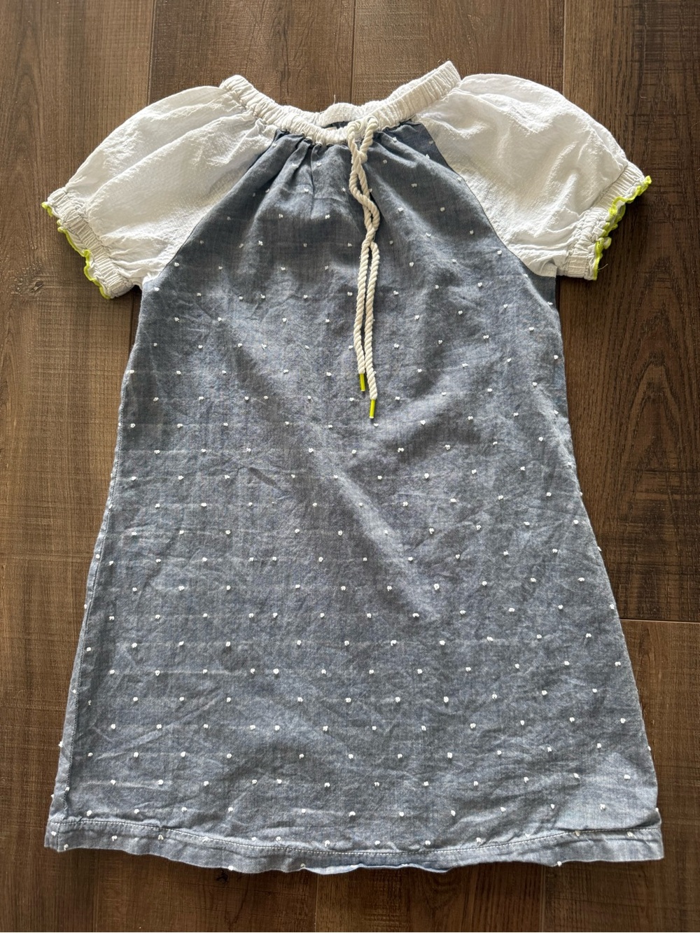 Girls' Blue Dot Linen-Blend Dress with White Puff Sleeves